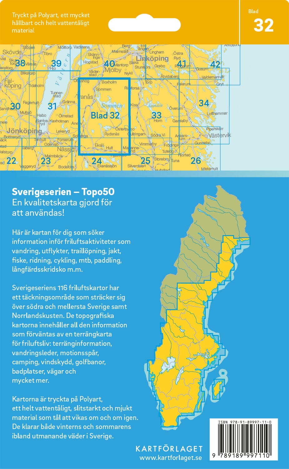 Carte topographique n° 32 - Tranås (Suède) | Norstedts - Sverigeserien carte de randonnée Norstedts