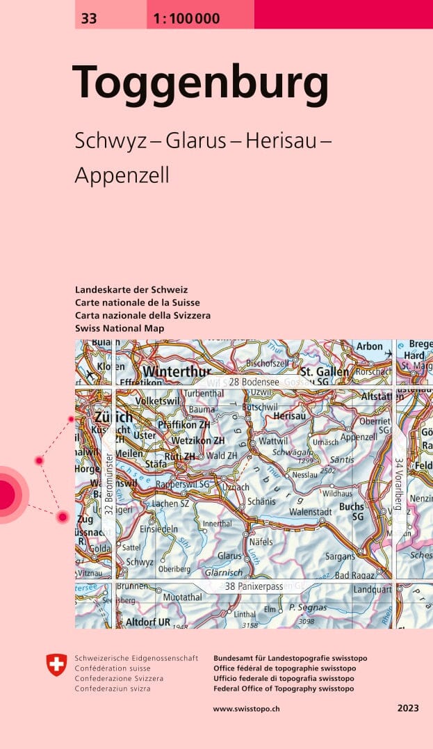 Carte topographique n° 33 - Toggenburg (Suisse) | Swisstopo - 1/100 000 carte routière Swisstopo