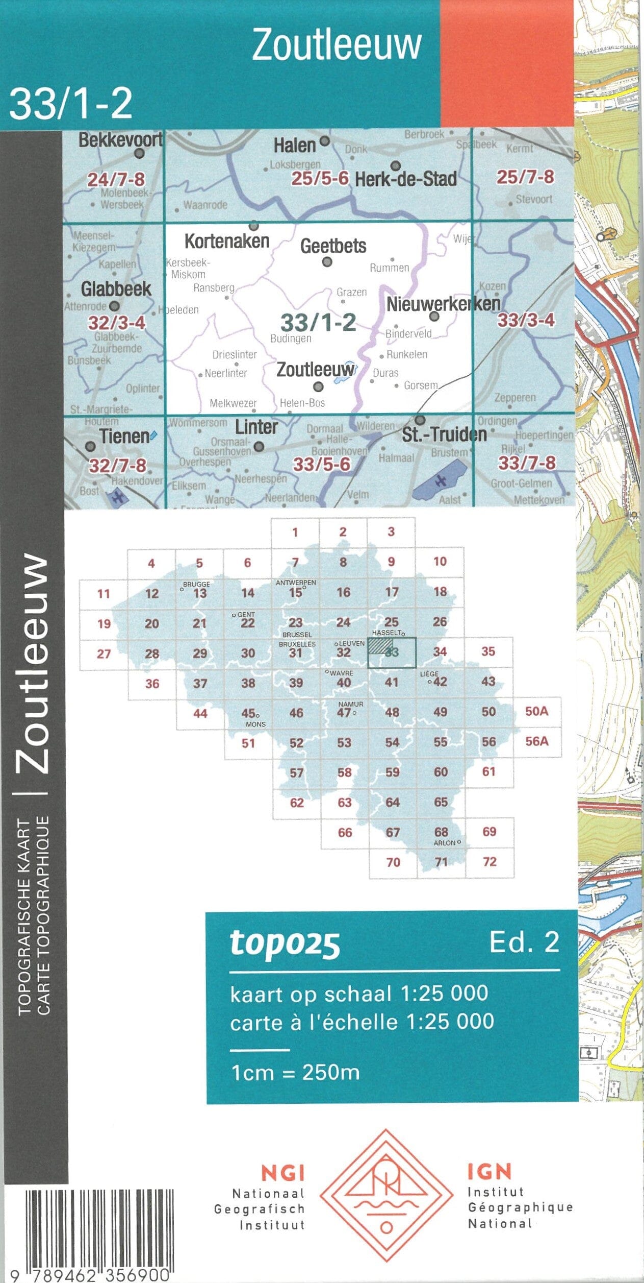 Carte topographique n° 33/1-2 - Zoutleeuw (Belgique) | NGI topo 25 carte de randonnée IGN Belgique