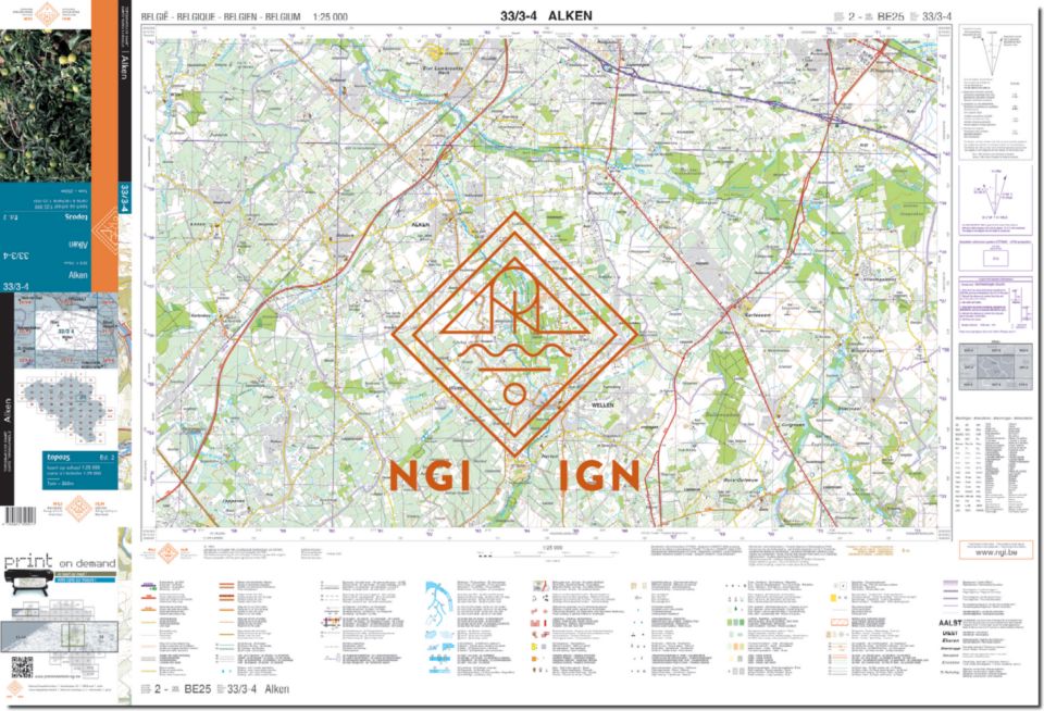 Carte topographique n° 33/3-4 - Alken (Belgique) | NGI topo 25 carte de randonnée IGN Belgique