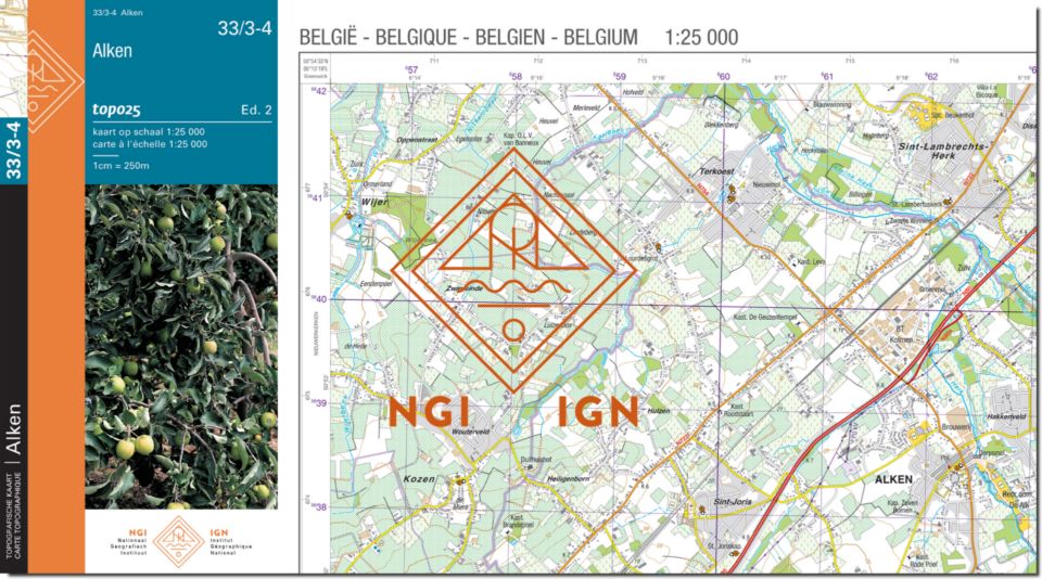 Carte topographique n° 33/3-4 - Alken (Belgique) | NGI topo 25 carte de randonnée IGN Belgique