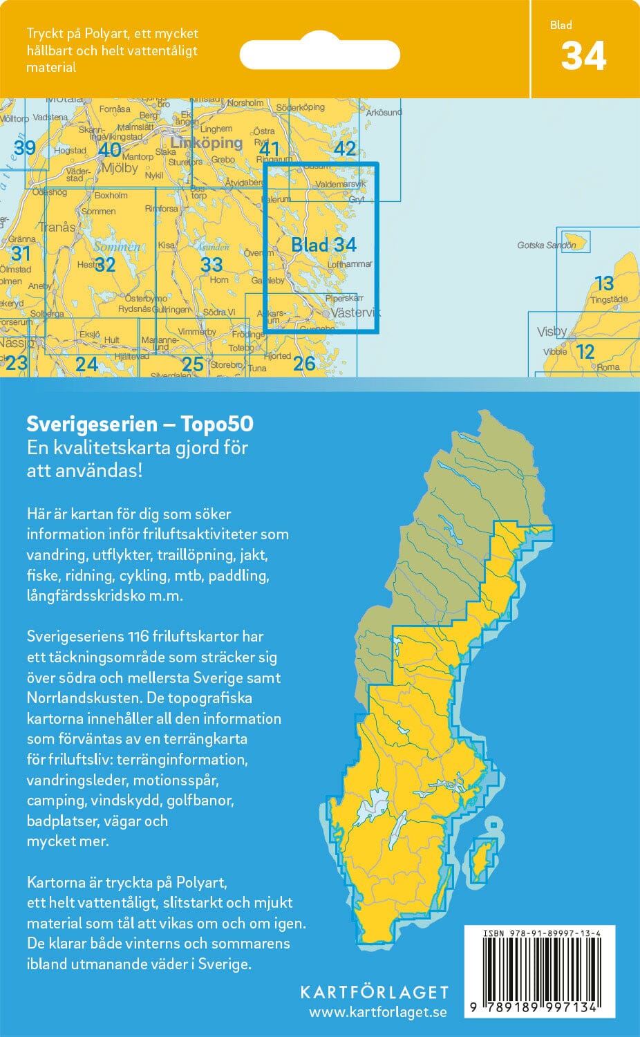 Carte topographique n° 34 - Valdemarsvik (Suède) | Norstedts - Sverigeserien carte de randonnée Norstedts