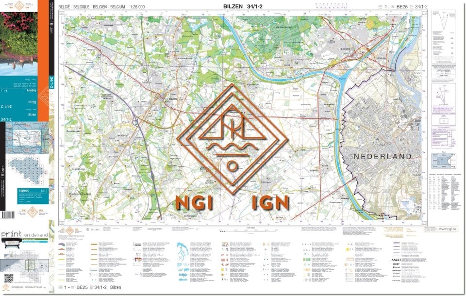 Carte topographique n° 34/1-2 - Bilzen (Belgique) | NGI topo 25 carte de randonnée IGN Belgique 
