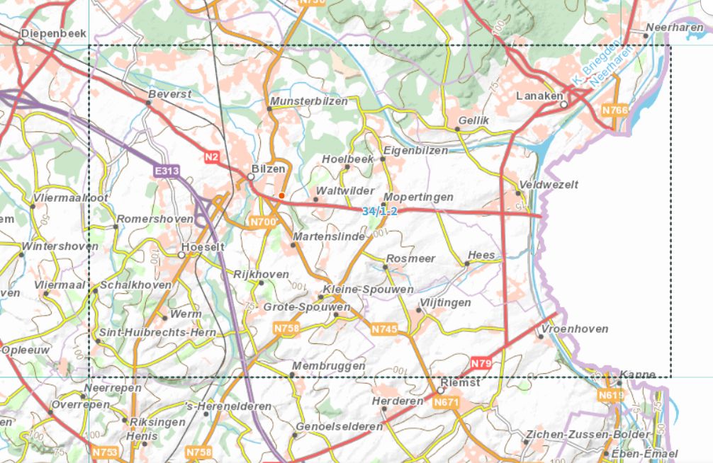 Carte topographique n° 34/1-2 - Bilzen (Belgique) | NGI topo 25 carte de randonnée IGN Belgique 