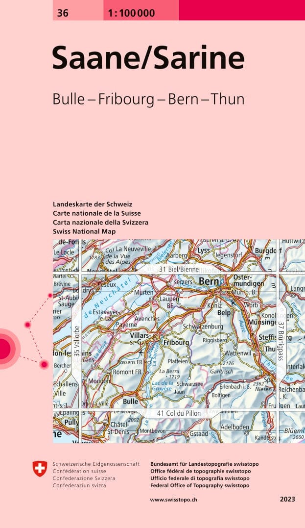 Carte topographique n° 36 - Saane, Sarine (Canton de Fribourg, Suisse) | Swisstopo - 1/100 000 carte routière Swisstopo