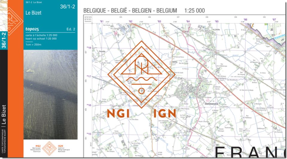 Carte topographique n° 36/1-2 - Le Bizet (Belgique) | NGI topo 25 carte de randonnée IGN Belgique 