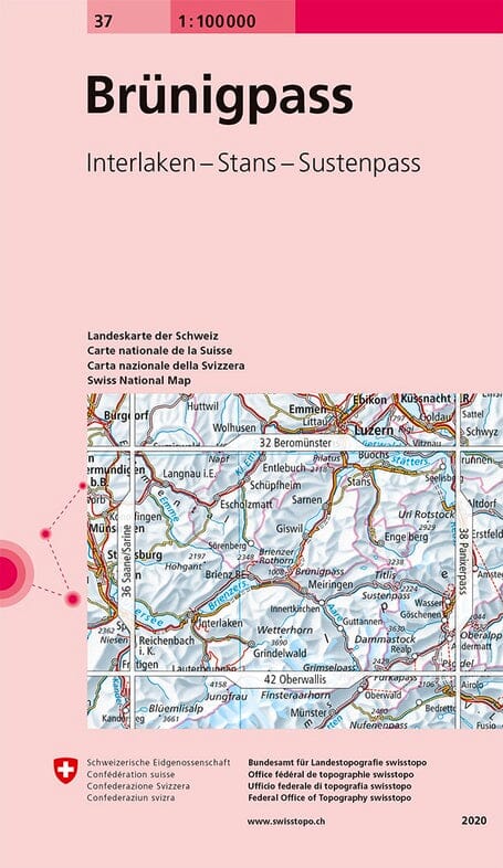 Carte topographique n° 37 - Col de Brünig (région de Meiringen, Suisse) | Swisstopo - 1/100 000 carte routière Swisstopo 