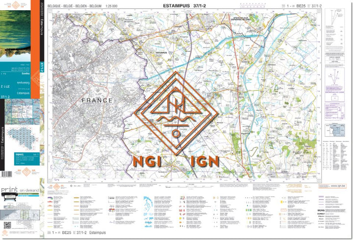 Carte topographique n° 37/1-2 - Estaimpuis (Belgique) | NGI topo 25 carte de randonnée IGN Belgique 
