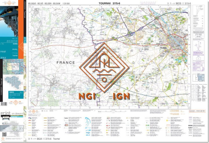 Carte topographique n° 37/5-6 - Tournai (Belgique) | NGI topo 25 carte de randonnée IGN Belgique 
