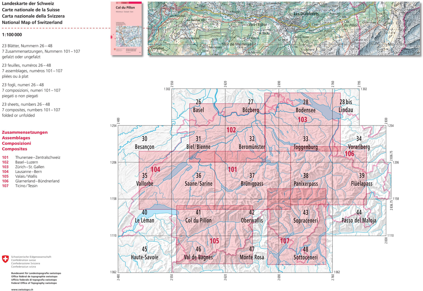 Carte topographique n° 38 - Col de Panix (région de Ilanz, Suisse) | Swisstopo - 1/100 000 carte routière Swisstopo 