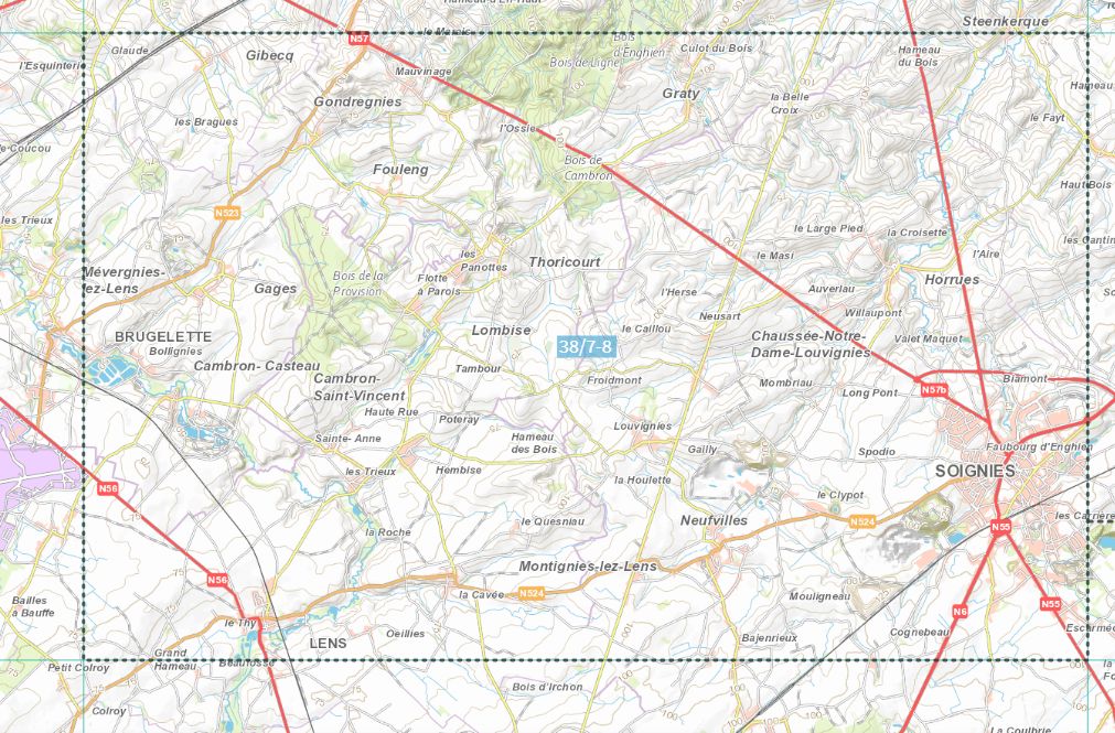 Carte topographique n° 38/7-8 - Soignies (Belgique) | NGI topo 25 carte de randonnée IGN Belgique 