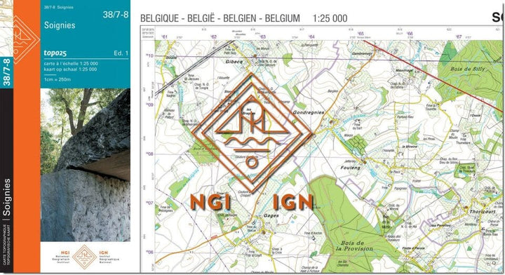 Carte topographique n° 38/7-8 - Soignies (Belgique) | NGI topo 25 carte de randonnée IGN Belgique 