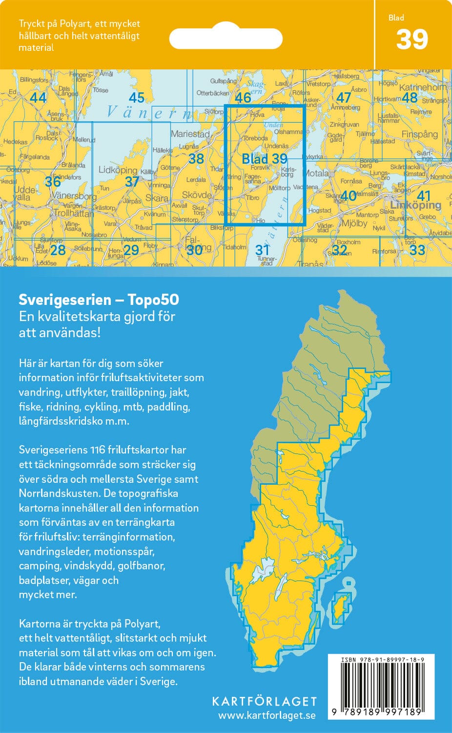 Carte topographique n° 39 - Karlsborg (Suède) | Norstedts - Sverigeserien carte de randonnée Norstedts