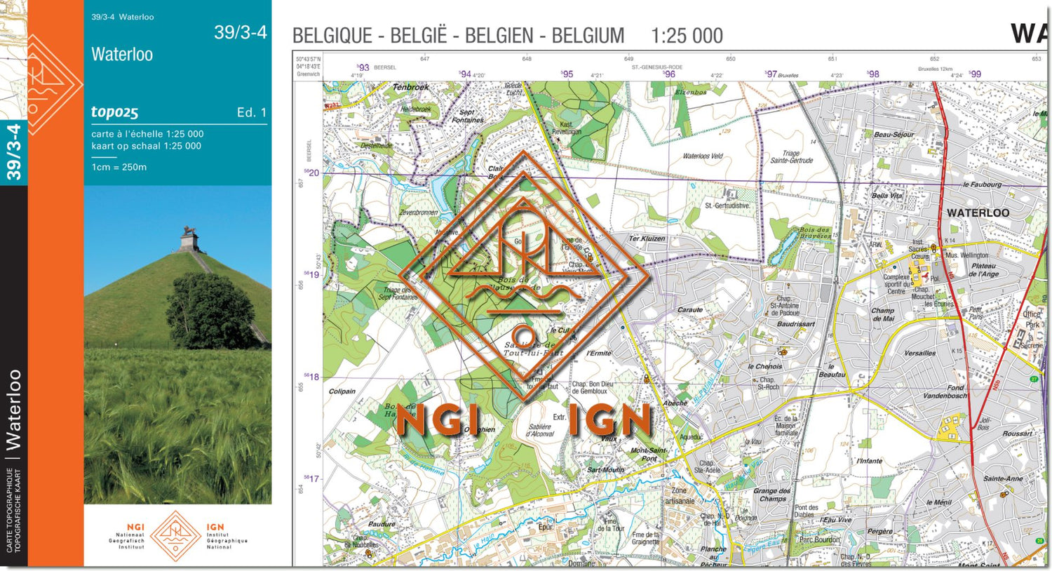 Carte topographique n° 39/3-4 - Waterloo (Belgique) | NGI topo 25 carte de randonnée IGN Belgique 