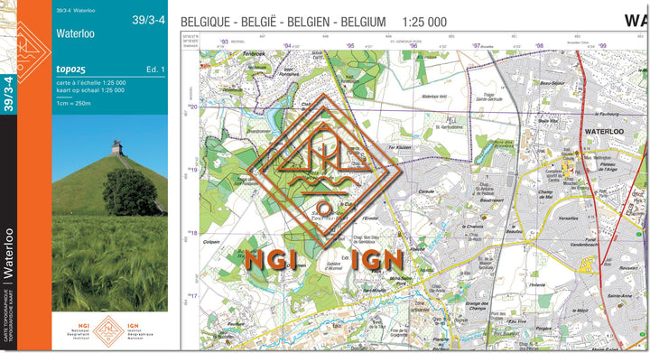 Carte topographique n° 39/3-4 - Waterloo (Belgique) | NGI topo 25 carte de randonnée IGN Belgique 
