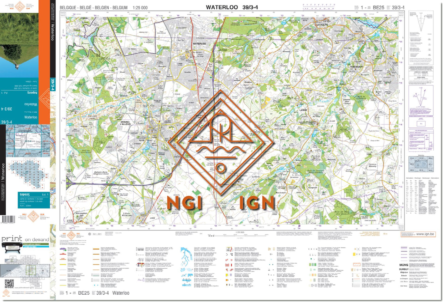 Carte topographique n° 39/3-4 - Waterloo (Belgique) | NGI topo 25 carte de randonnée IGN Belgique 