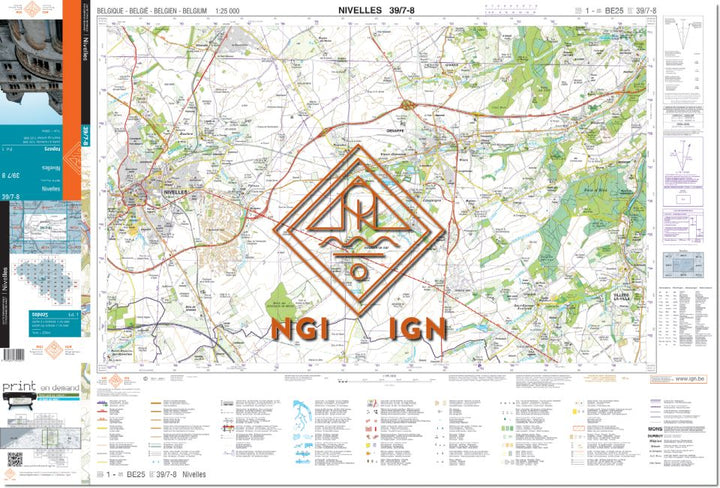 Carte topographique n° 39/7-8 - Nivelles (Belgique) | NGI topo 25 carte de randonnée IGN Belgique 