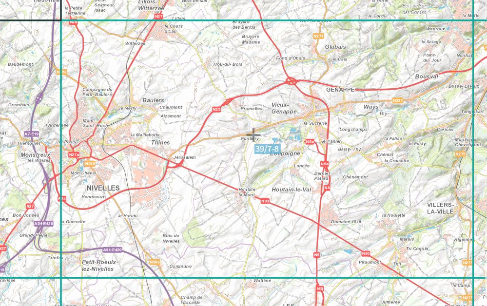 Carte topographique n° 39/7-8 - Nivelles (Belgique) | NGI topo 25 carte de randonnée IGN Belgique 