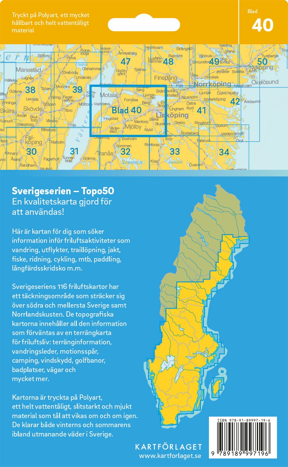 Carte topographique n° 40 - Linköping (Suède) | Norstedts - Sverigeserien carte de randonnée Norstedts