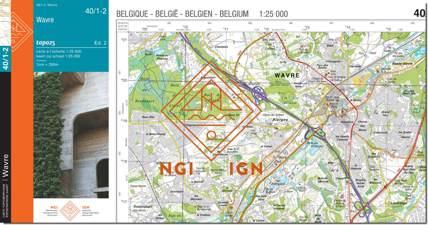 Carte topographique n° 40/1-2 - Wavre (Belgique) | NGI topo 25 carte de randonnée IGN Belgique 