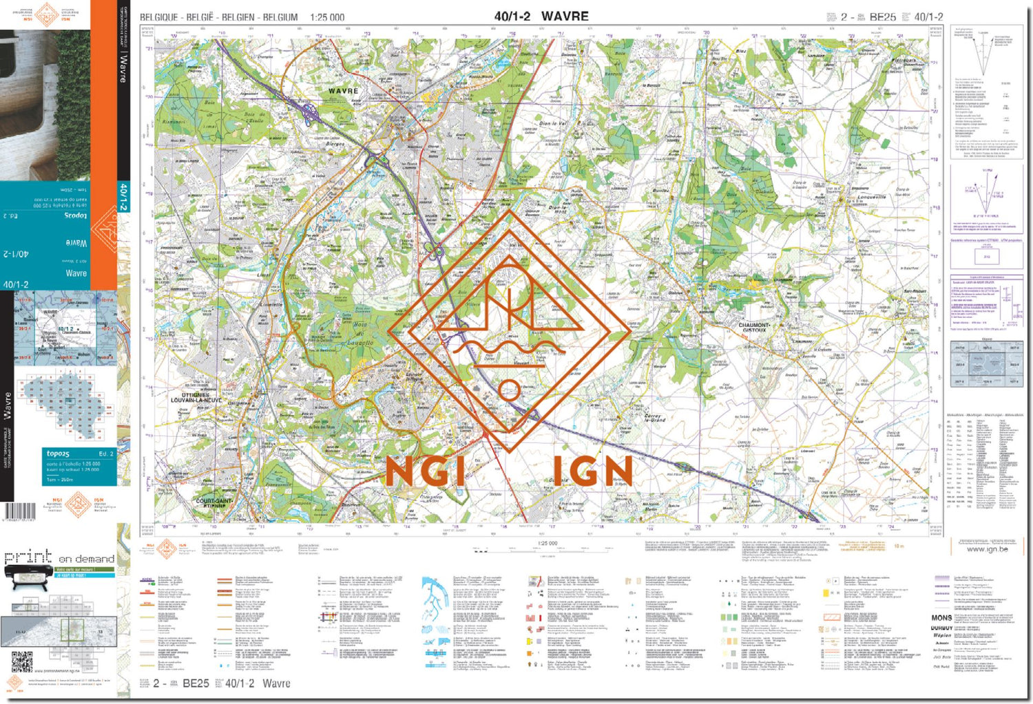 Carte topographique n° 40/1-2 - Wavre (Belgique) | NGI topo 25 carte de randonnée IGN Belgique 