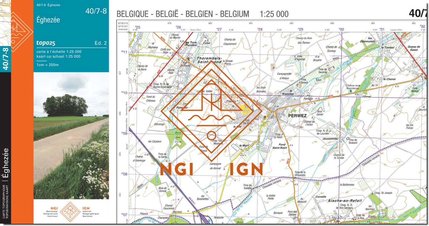 Carte topographique n° 40/7-8 - Eghezée (Belgique) | NGI topo 25 carte de randonnée IGN Belgique 