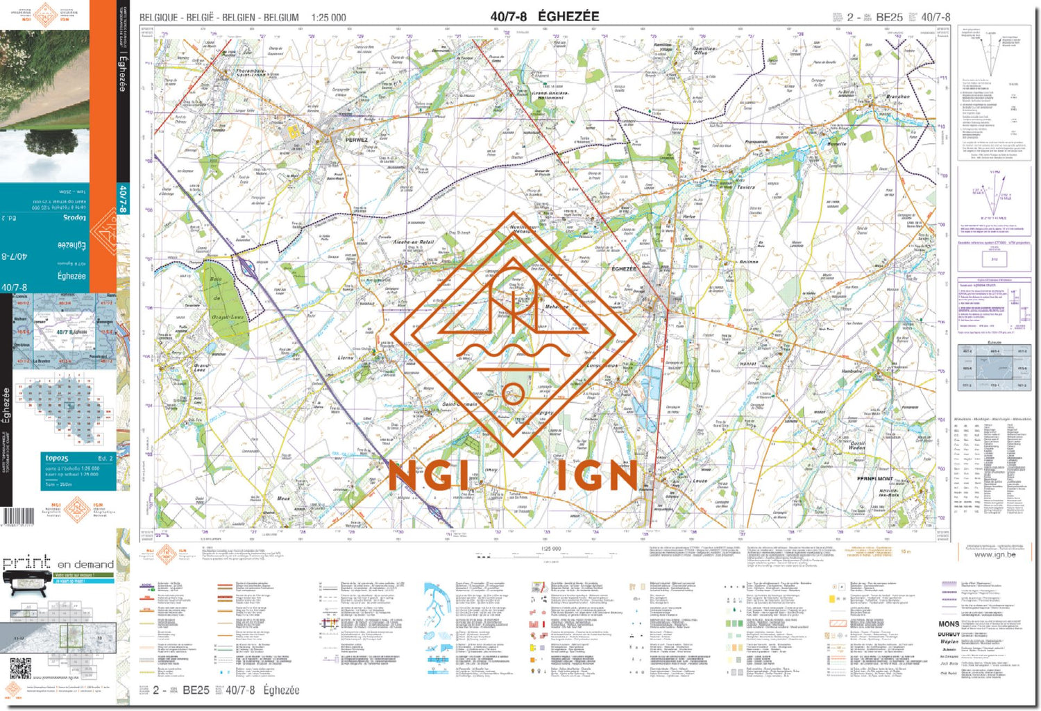 Carte topographique n° 40/7-8 - Eghezée (Belgique) | NGI topo 25 carte de randonnée IGN Belgique 
