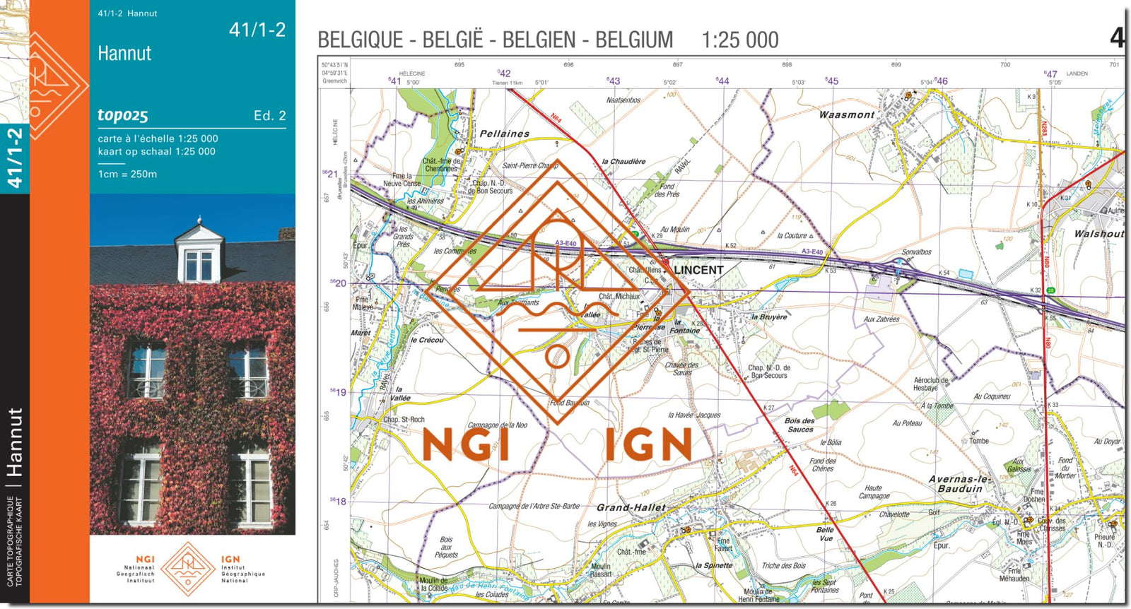 Carte topographique n° 41/1-2 - Hannut (Belgique) | NGI topo 25 carte de randonnée IGN Belgique 