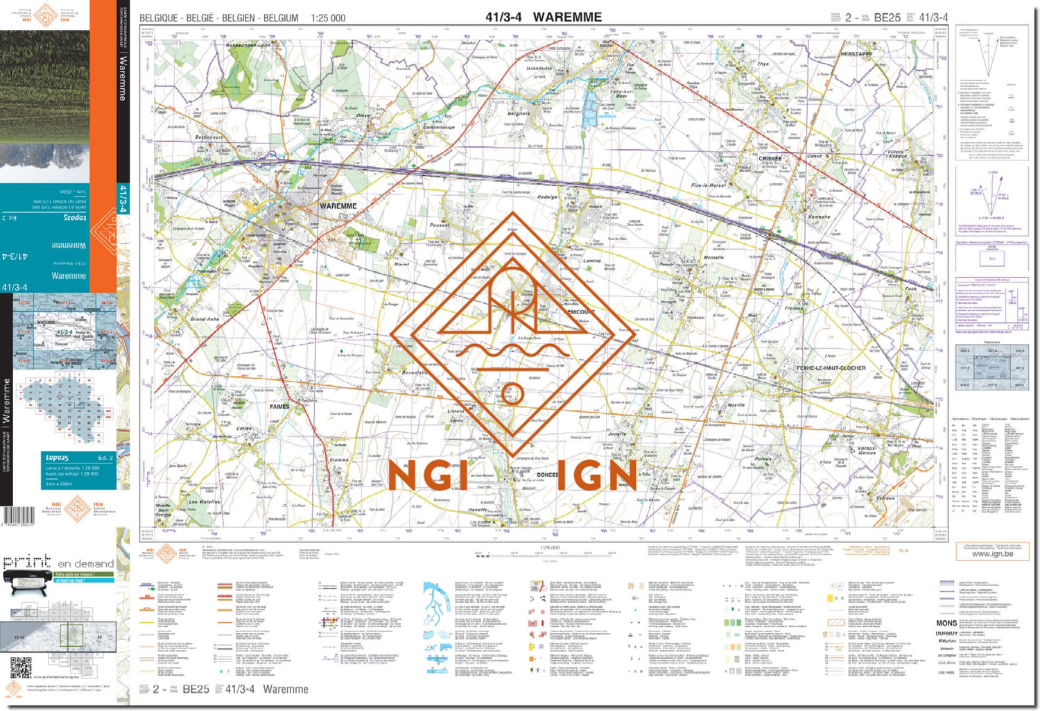 Carte topographique n° 41/3-4 - Waremme (Belgique) | NGI topo 25 carte de randonnée IGN Belgique 