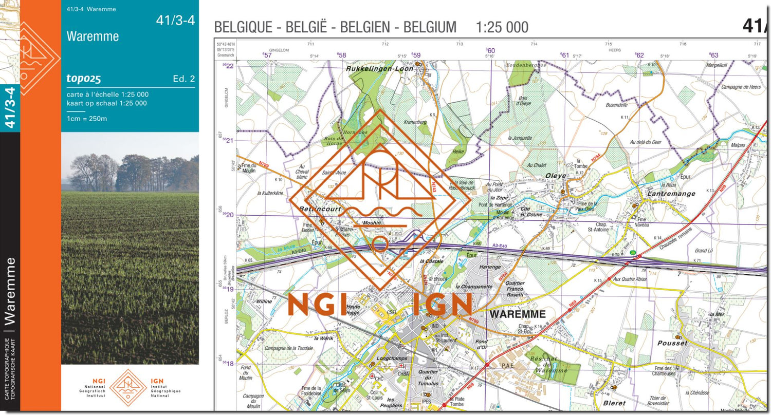 Carte topographique n° 41/3-4 - Waremme (Belgique) | NGI topo 25 carte de randonnée IGN Belgique 