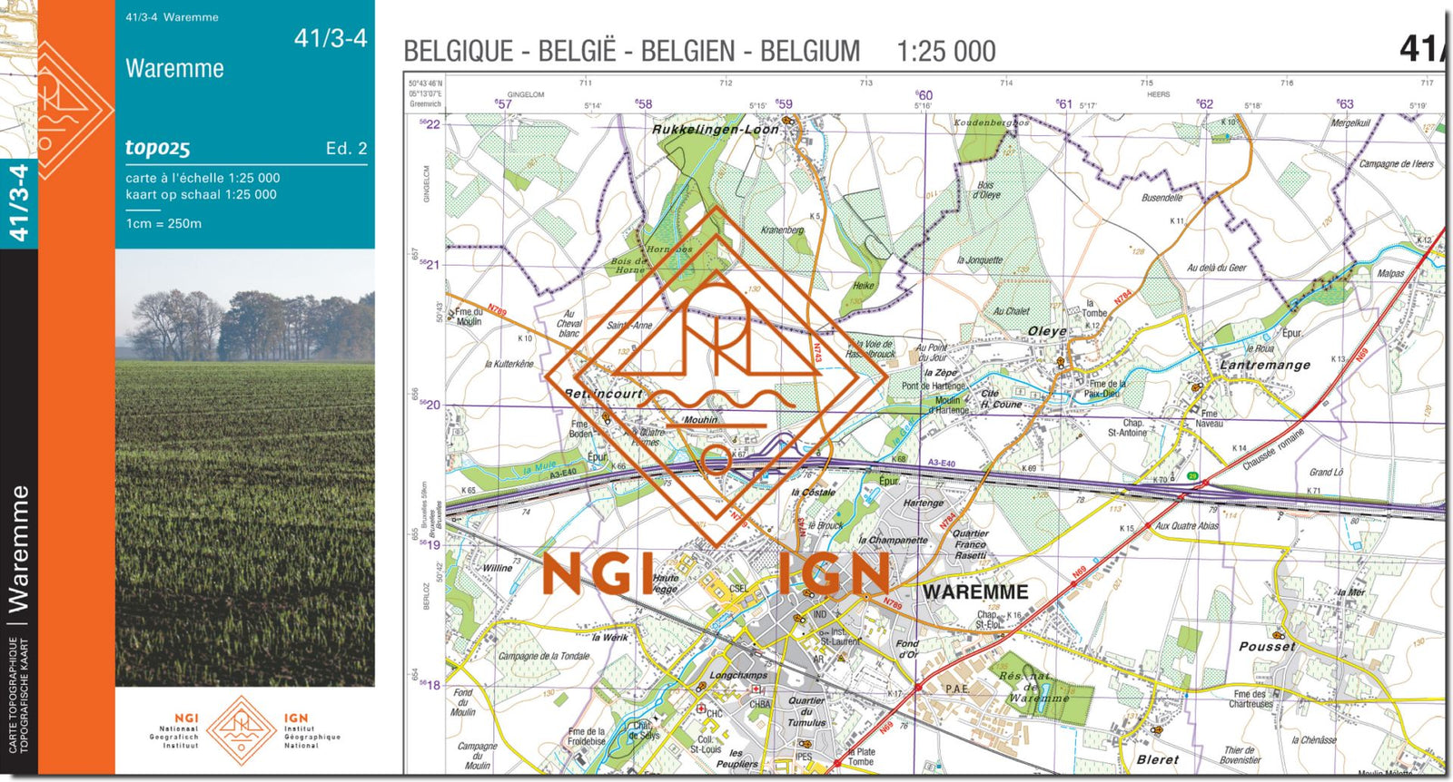 Carte topographique n° 41/3-4 - Waremme (Belgique) | NGI topo 25 carte de randonnée IGN Belgique 