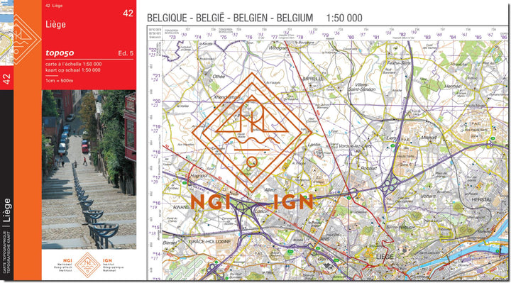 Carte topographique n° 42 - Liège (Belgique) | NGI - 1/50 000 carte de randonnée IGN Belgique 