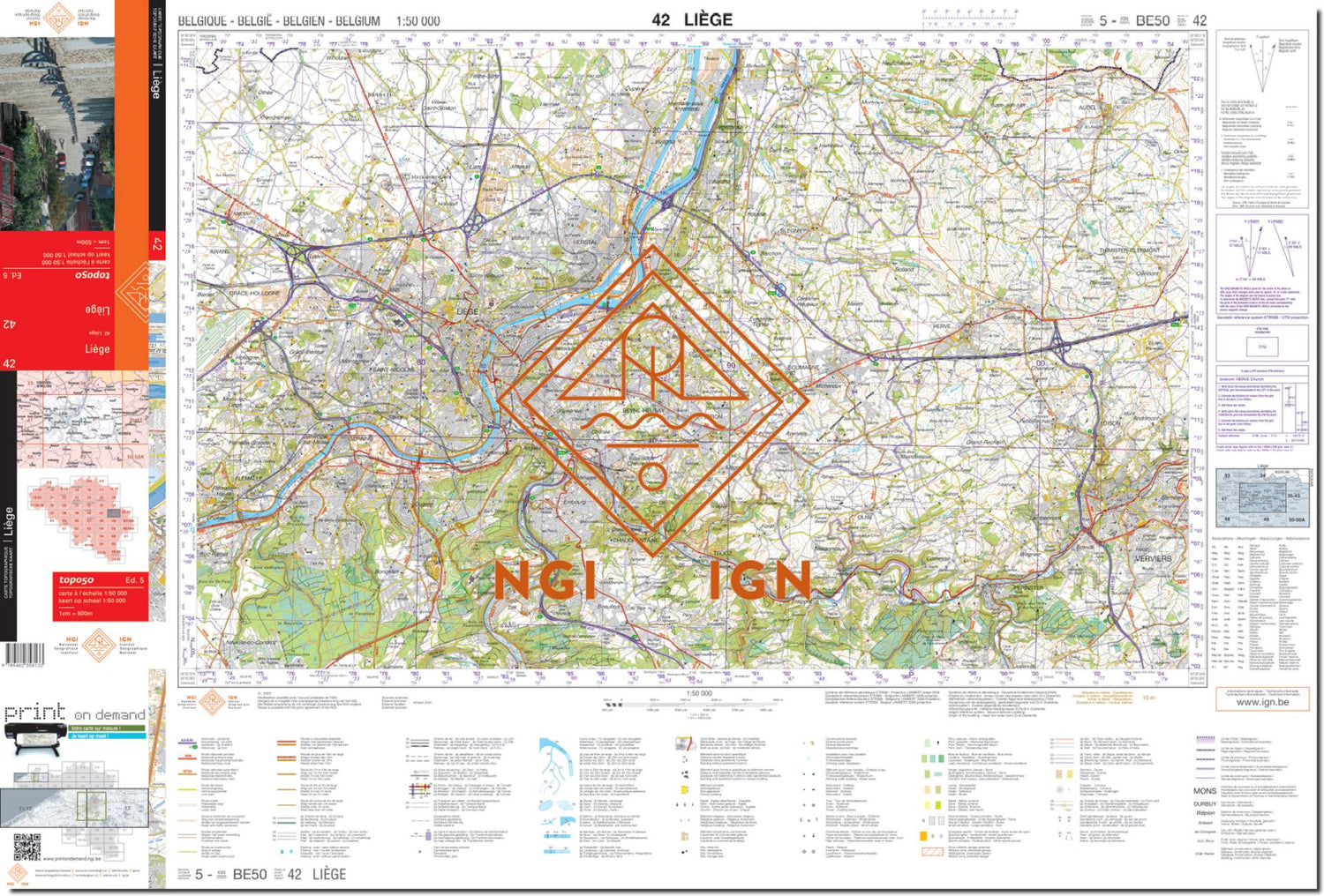 Carte topographique n° 42 - Liège (Belgique) | NGI - 1/50 000 carte de randonnée IGN Belgique 