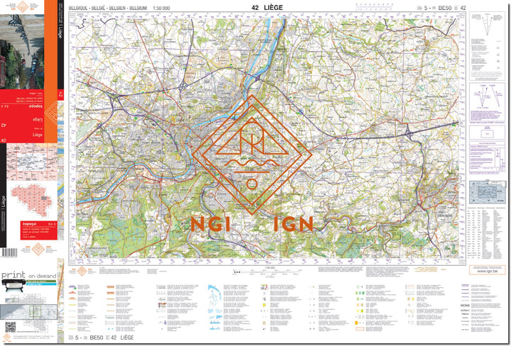 Carte topographique n° 42 - Liège (Belgique) | NGI - 1/50 000 carte de randonnée IGN Belgique 