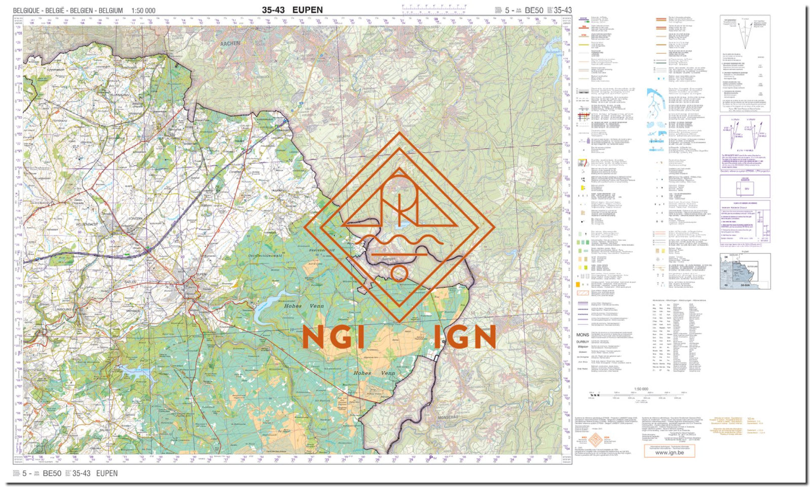 Carte topographique n° 43-35 - Eupen (Belgique) | NGI - 1/50 000 carte de randonnée IGN Belgique 