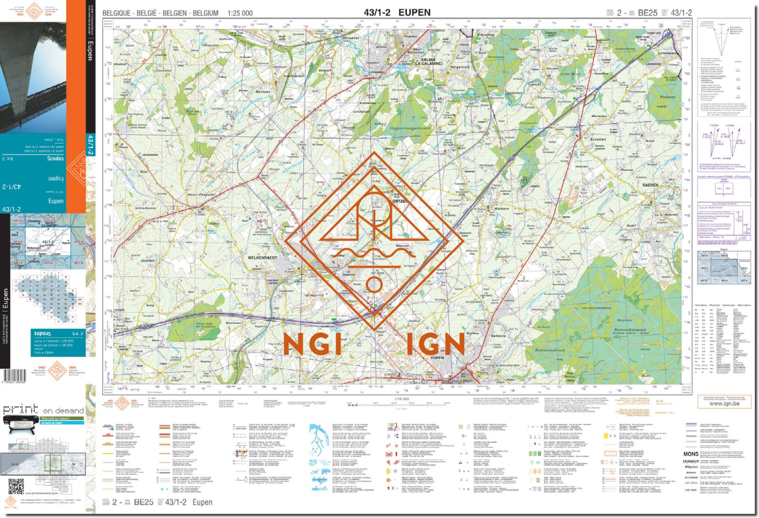 Carte topographique n° 43/1-2 - Eupen | NGI topo 25 carte de randonnée IGN Belgique 
