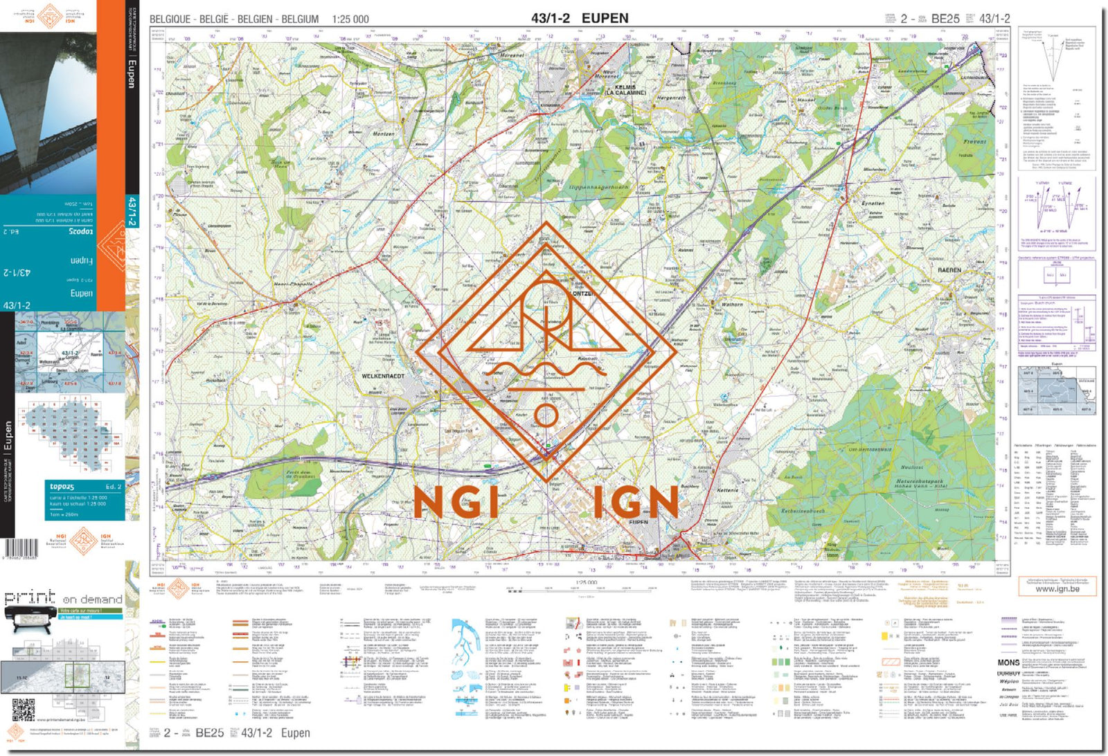 Carte topographique n° 43/1-2 - Eupen | NGI topo 25 carte de randonnée IGN Belgique 