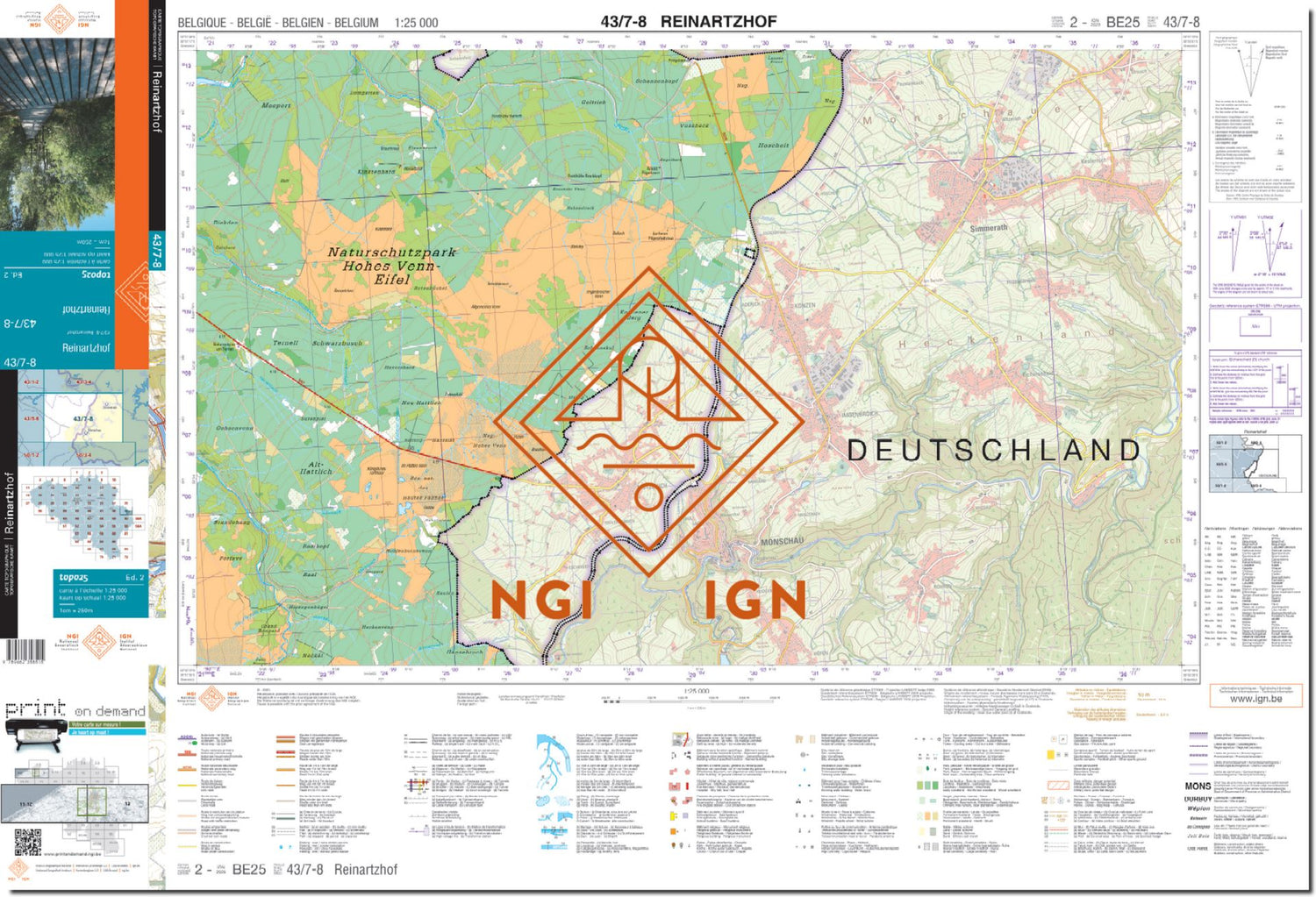 Carte topographique n° 43/7-8 - Reinartzhof (Belgique) | NGI topo 25 carte de randonnée IGN Belgique 
