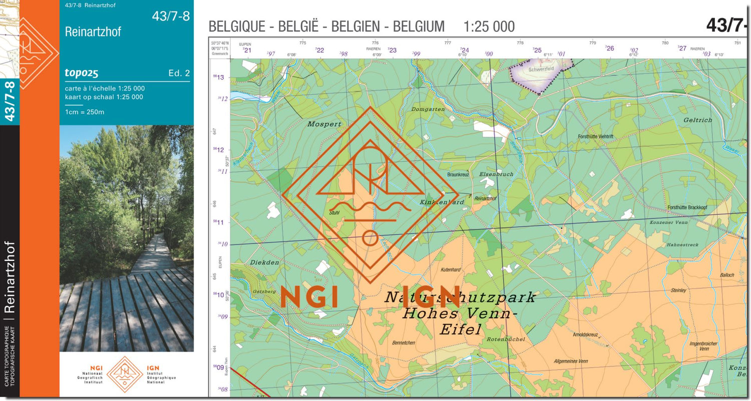 Carte topographique n° 43/7-8 - Reinartzhof (Belgique) | NGI topo 25 carte de randonnée IGN Belgique 