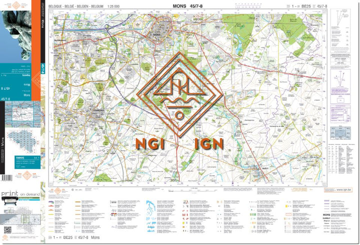 Carte topographique n° 45/7-8 - Mons (Belgique) | NGI topo 25 carte de randonnée IGN Belgique 