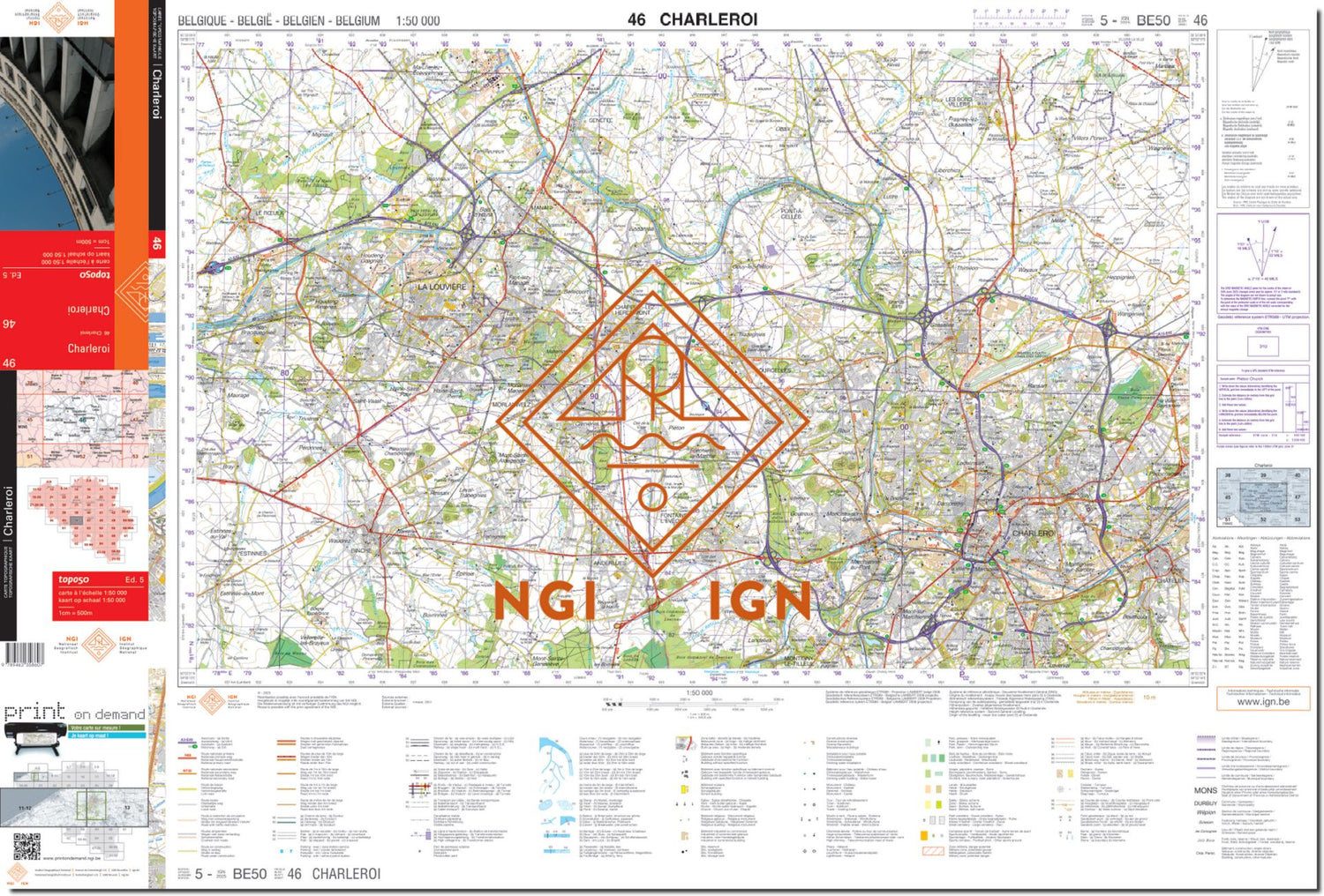 Carte topographique n° 46 - Charleroi (Belgique) | NGI - 1/50 000 carte de randonnée IGN Belgique 
