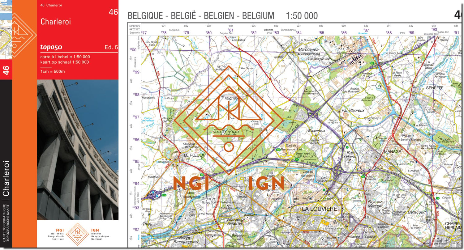 Carte topographique n° 46 - Charleroi (Belgique) | NGI - 1/50 000 carte de randonnée IGN Belgique 