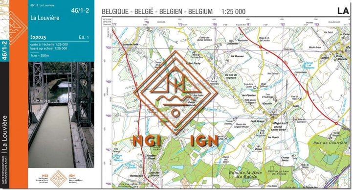 Carte topographique n° 46/1-2 - La Louvière (Belgique) | NGI topo 25 carte de randonnée IGN Belgique 