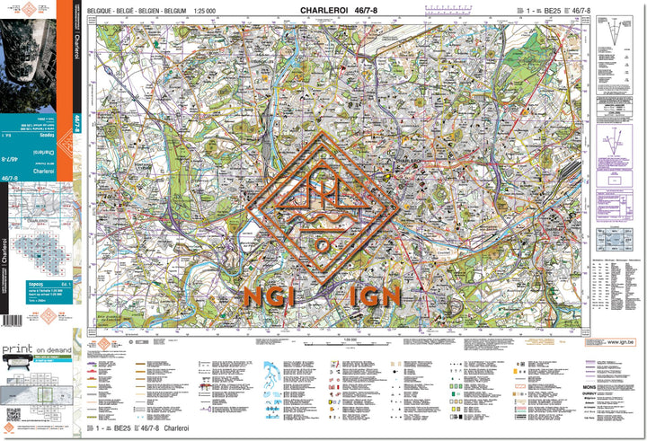 Carte topographique n° 46/7-8 - Charleroi (Belgique) | NGI topo 25 carte de randonnée IGN Belgique 