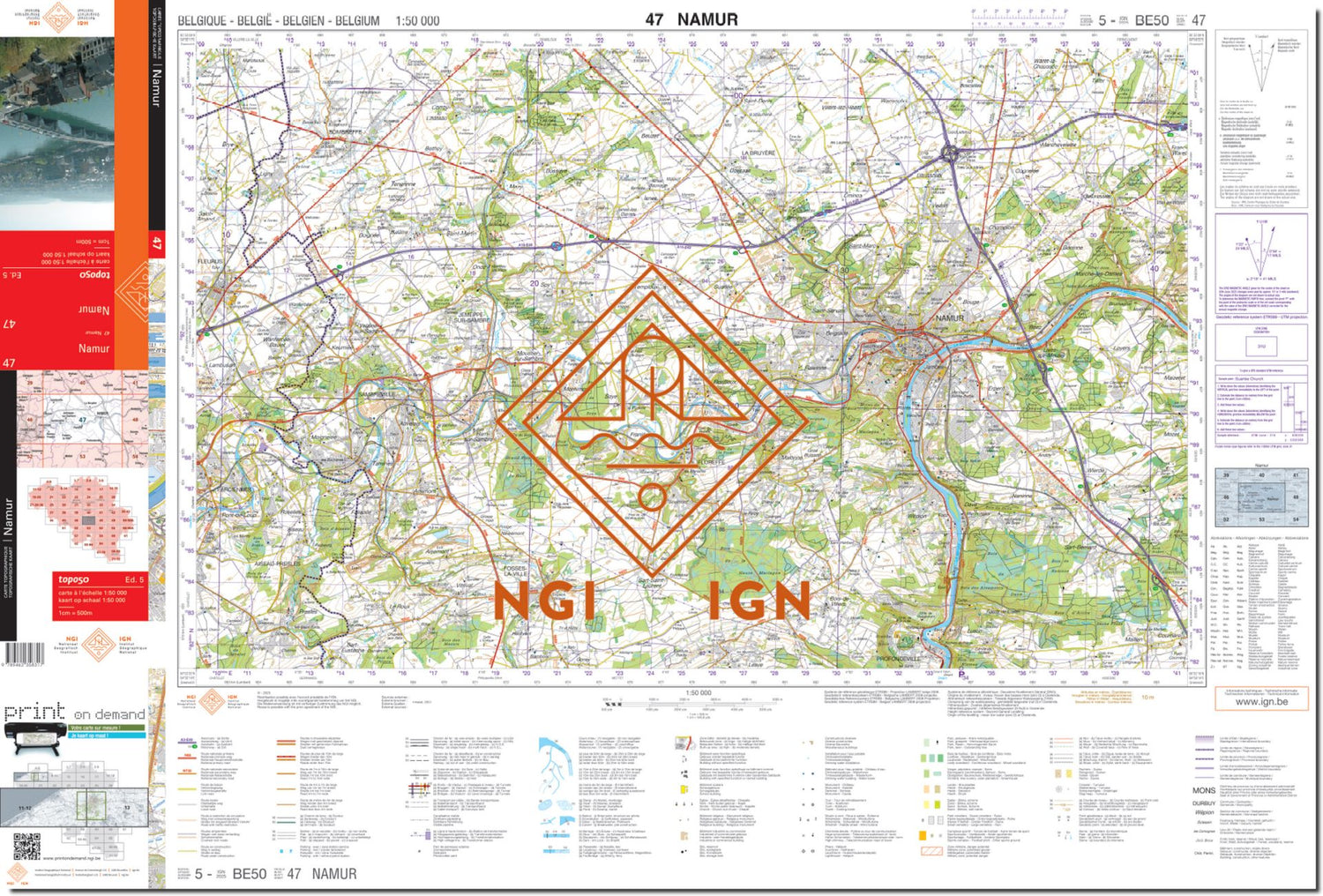 Carte topographique n° 47 - Namur (Belgique) | NGI - 1/50 000 carte de randonnée IGN Belgique 