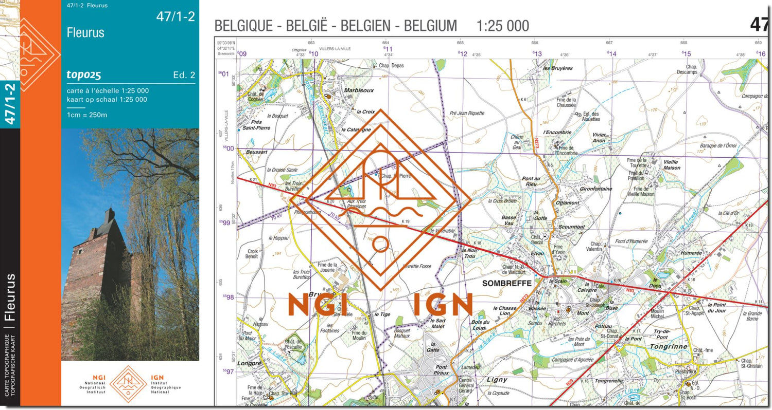 Carte topographique n° 47/1-2 - Fleurus (Belgique) | NGI topo 25 carte de randonnée IGN Belgique 