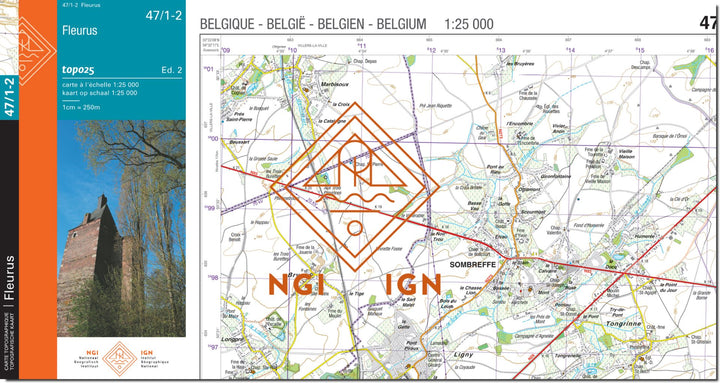 Carte topographique n° 47/1-2 - Fleurus (Belgique) | NGI topo 25 carte de randonnée IGN Belgique 
