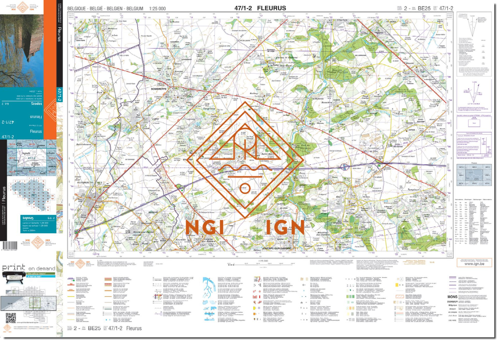 Carte topographique n° 47/1-2 - Fleurus (Belgique) | NGI topo 25 carte de randonnée IGN Belgique 