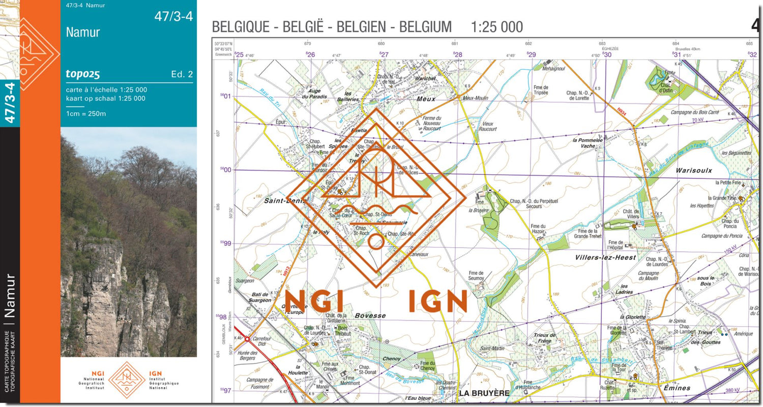 Carte topographique n° 47/3-4 - Namur (Belgique) | NGI topo 25 carte de randonnée IGN Belgique 