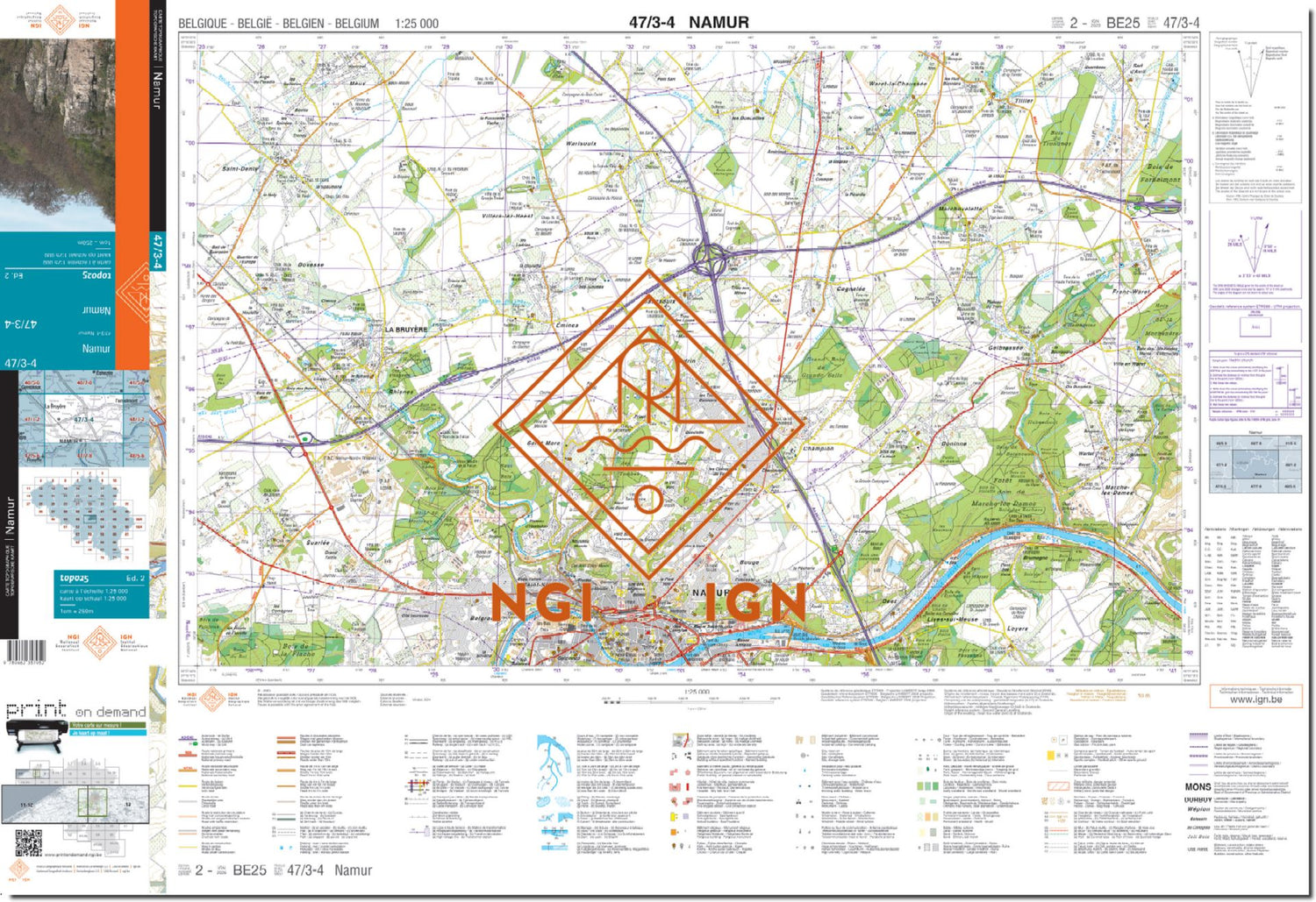 Carte topographique n° 47/3-4 - Namur (Belgique) | NGI topo 25 carte de randonnée IGN Belgique 